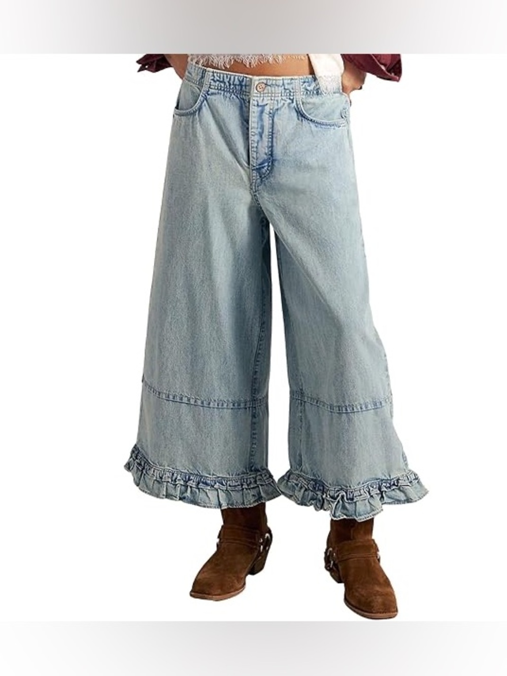 Wide-Leg Bloomer Ruffle Hem Women's Jeans